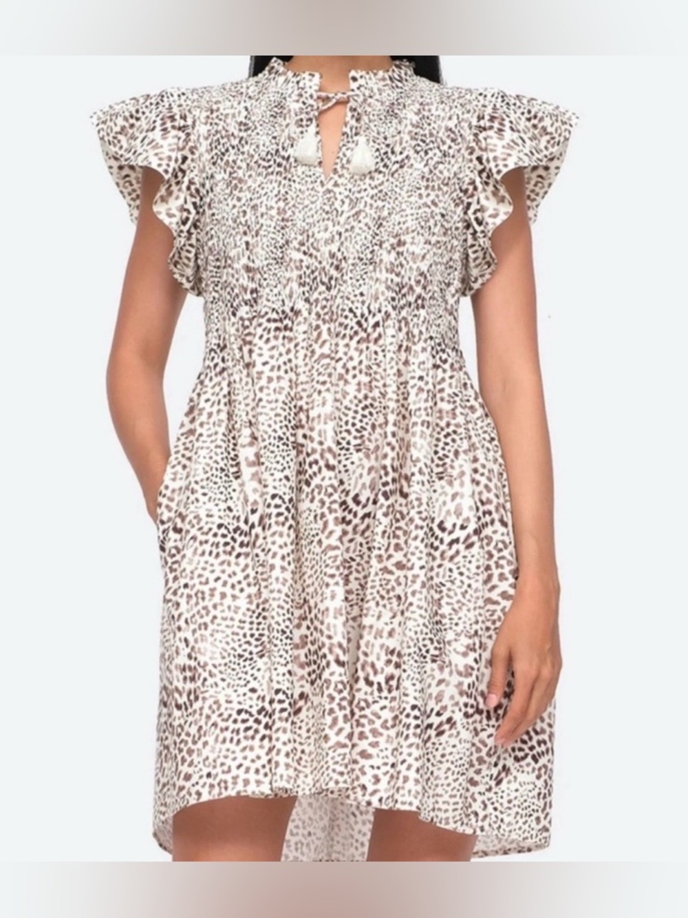 Sea NY Calla Cheetah Print Flutter Sleeve Smocked Mini Dress - Taupe/White